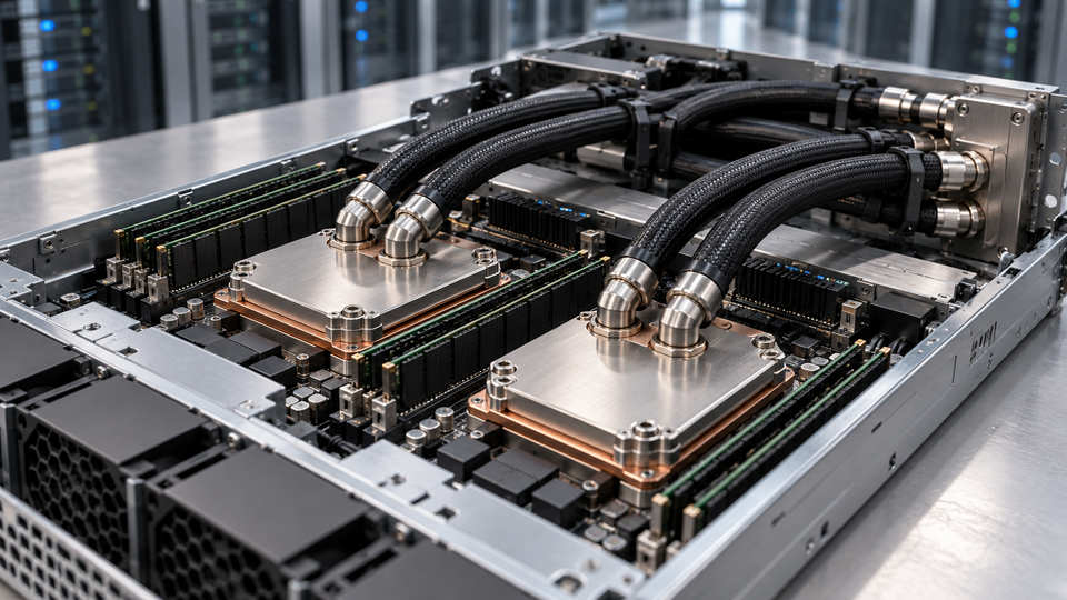 KI-generiertes Symbolbild eines offenen HPC-Servers mit zwei Kühlplatten und angeschlossenen Kühlmittelschläuchen.