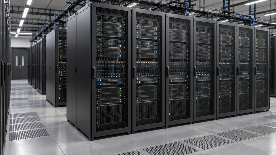 KI-generiertes Symbolbild einer Reihe dicht bestückter Serverracks in einem HPC-Rechenzentrum.